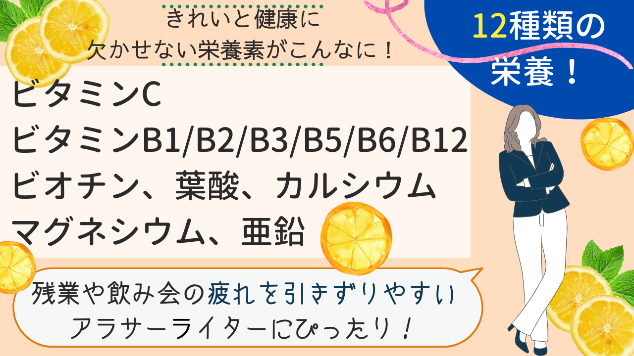 きれいと健康に欠かせない栄養素がこんなに!12種類の栄養!ビタミンC、ビタミンB1/B2/B3/B5/B6/B12、ビオチン、葉酸、カルシウム、マグネシウム、亜鉛 残業や飲み会の疲れを引きずりやすいアラサーライターにぴったり!