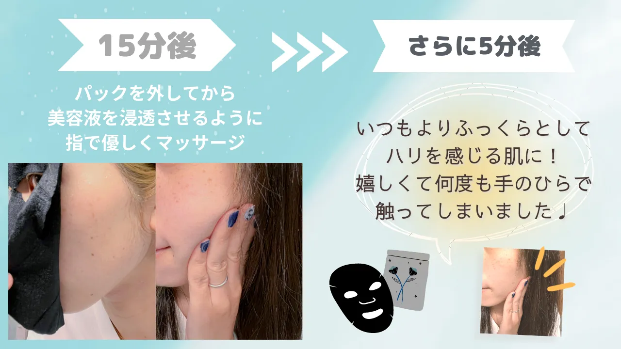 15分後 パックを外してから美容液を浸透させるように指で優しくマッサージ さらに5分後 いつもよりふっくらとしてハリを感じる肌に!嬉しくて何度も手のひらで触ってしまいました♪