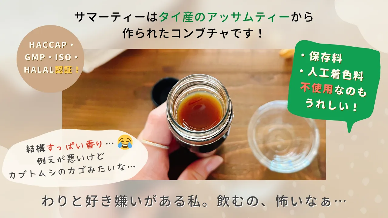 サマーティーはタイ産のアッサムティーから作られたコンブチャです!HACCAP.GMP ISO・HALAL認証!保存料人工着色料不使用なのもうれしい!結構すっぱい香り・・・例えが悪いけどカブトムシのカゴみたいな・・・わりと好き嫌いがある私。飲むの、怖いなぁ…