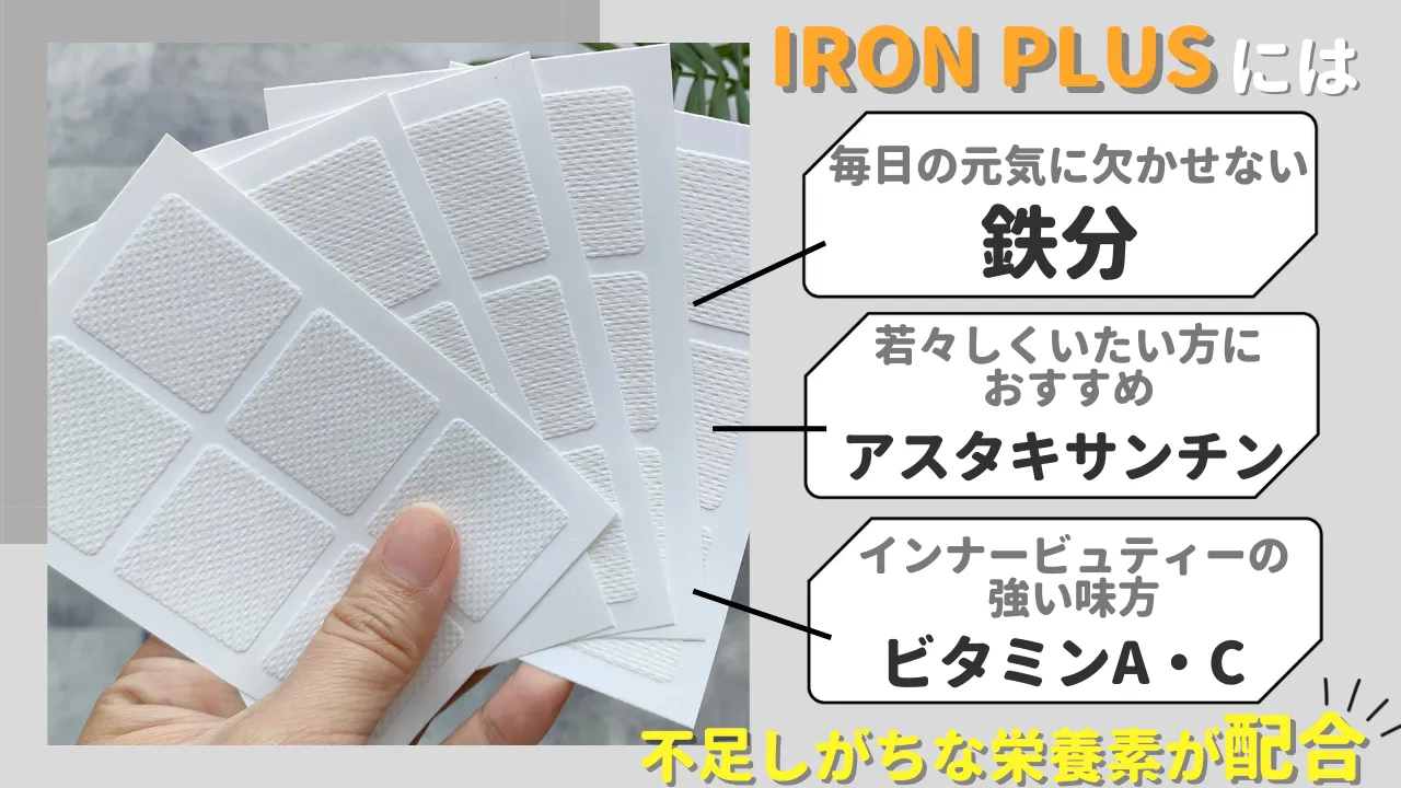 IRON PLUSには毎日の元気に欠かせない鉄分 若々しくいたい方に おすすめアスタキサンチン インナービュティーの 強い味方ビタミンA・C 不足しがちな栄養素が配合