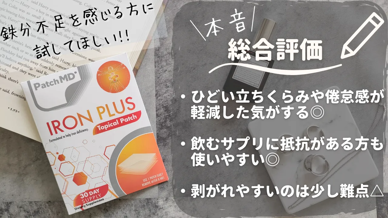 鉄分不足を感じる方に試してほしい!!本音 総合評価・ひどい立ちくらみや倦怠感が 軽減した気がする○・飲むサプリに抵抗がある方も 使いやすい◎・剥がれやすいのは少し難点△